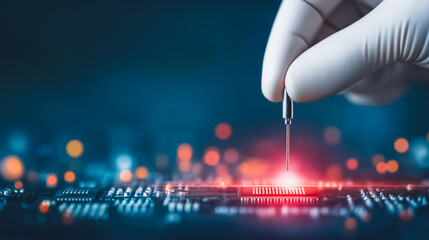 Precision Engineering, Hand in Glove Holding Probe Over Microchip on Circuit Board