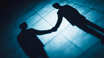 Shadowy Business Handshake on Blue Floor, Corporate Deal Concept