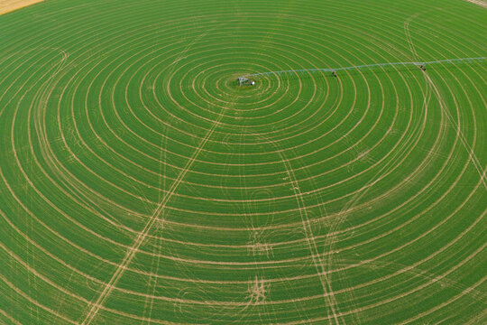 Aerial view of a long irrigation sprinkler revolving around a green circular crop