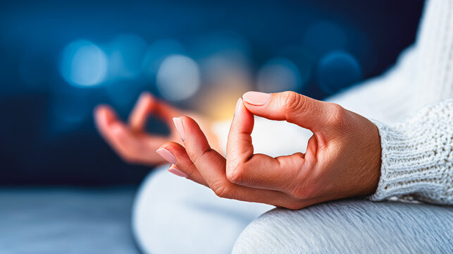 Close-up of woman's hands in Gyan Mudra during meditation for peace and spiritual concentration
