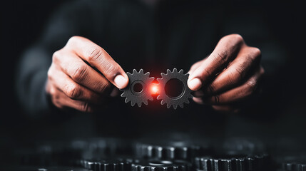 Hands connecting two gears in a dark environment, symbolizing teamwork, technology, and strategic partnership