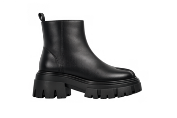 Black leather ankle boot with chunky sole and platform heel, presenting modern fashion footwear and design on transparent background