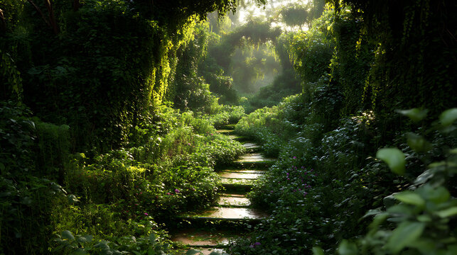 Enchanting Jungle Pathway Surrounded By Lush Greenery And Sunlight Rays - Powered by Adobe