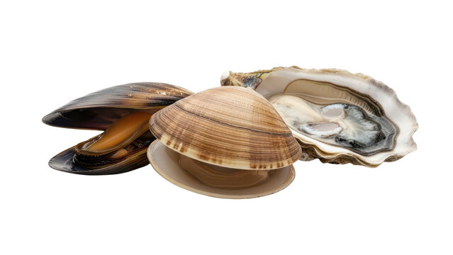 Fresh Raw Clams, Mussels, and Oyster Shells isolated PNG with Transparent Background