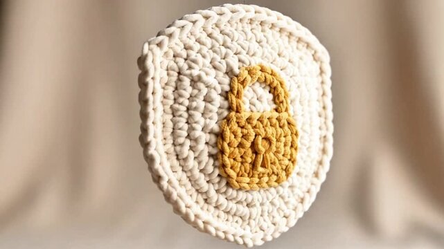 Crochet lock icon animation on woven texture background
