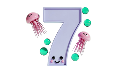 Cute 3D Number 7 with Jellyfish and Bubbles