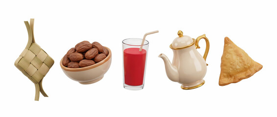 Traditional food and drink items including ketupat, dates, juice, teapot, and samosa, showcasing a festive culinary spread