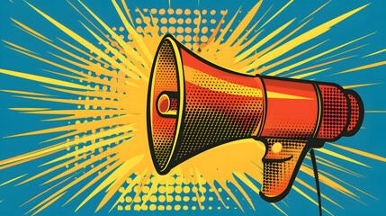 Illustrative comic book style depicts a red megaphone with black outlines, conveying sound waves and announcement effects against a bold background of yellow and blue, forming a dynamic and vibrant...