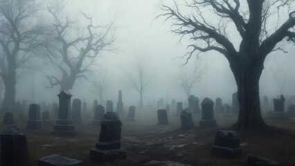 Foggy cemetery at dusk