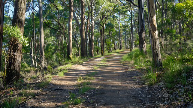 Sun Dappled Forest Path Winding Through Tall Eucalyptus Trees - Powered by Adobe