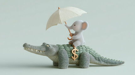 Fototapeta premium Whimsical Cartoon Elephant Riding A Crocodile While Holding An Umbrella Symbolizing Wealth