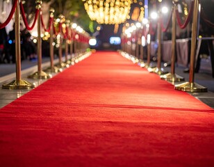 Fototapeta premium Long red carpet with velvet ropes and gold stanchions at an event