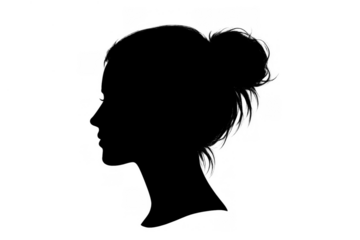 Woman's head silhouette in profile with hair bun, representing thoughts, identity and feminine beauty, transparent background