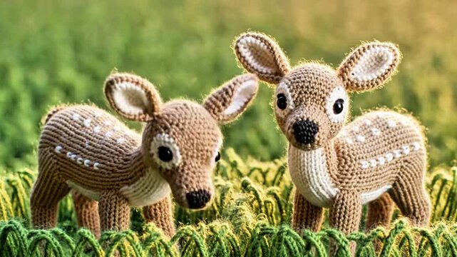 Crochet deer animation standing on grass with handmade yarn texture
