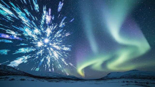 Looping aurora video for webpage hero section. Background should be dark blue and the aurora should use colors nordo blue The aurora borealis should represent slogan "Complexity to Clarity"