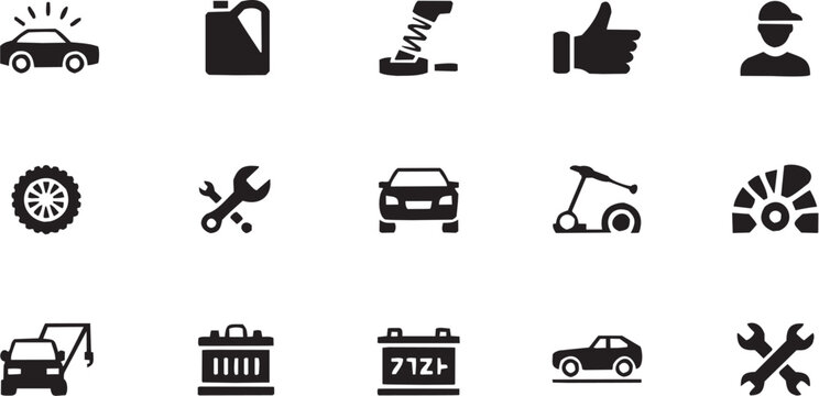 Transport tools vector illustration for mechanic logo or mobility app. Glyph pictograms of wrench, car, scooter and walking person
