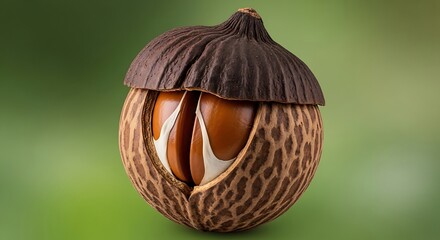 Close up of a cracked acorn revealing its nutty interior