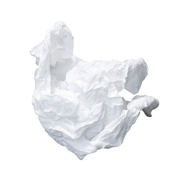 Crumpled ball of white tissue paper isolated on a white background. This textured paper napkin represents waste, trash, cleaning, a discarded idea, or hygiene concepts like a cold or flu