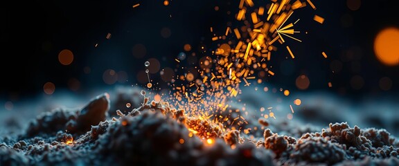 Microscopic view of dust particles igniting, sparks flying, cosmic, background