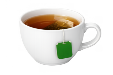 White ceramic cup with hot herbal tea brewing, a tea bag infusing in the warm beverage, transparent background