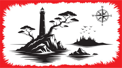 Fototapeta premium Pirate compass vector illustration for nautical tattoo or adventure logo. Glyph pictograms of compass rose with pirate ship sailing ocean waves