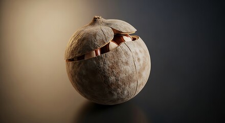 Intricate carving of a bird emerging from a cracked eggshell