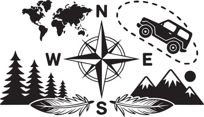 Global compass vector illustration for travel tattoo or navigation logo. Glyph pictograms of compass rose with world map and vehicle © Ethan
