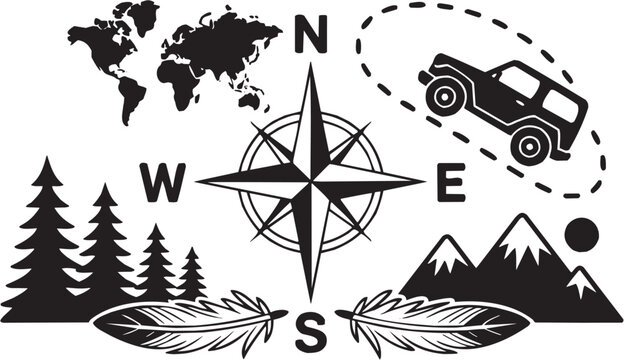 Global compass vector illustration for travel tattoo or navigation logo. Glyph pictograms of compass rose with world map and vehicle