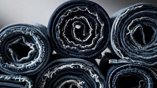 Neatly stacked and rolled denim jeans, showcasing various shades of blue and textures.