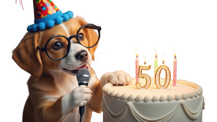 Cute Beagle Puppy Wearing Glasses and Party Hat Singing at 50th Birthday Cake isolated PNG with Transparent Background
