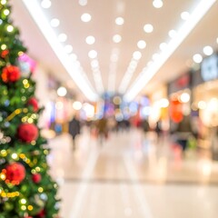 Blurred shot of a brightly lit mall with a decorated Christmas tree visible in the foreground