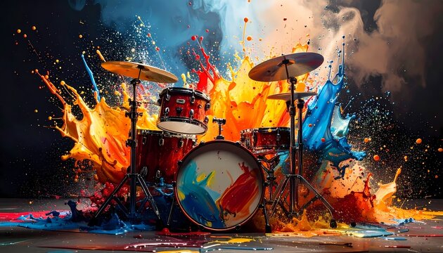 Exploding Drum Kit with Vibrant Paint Splashes