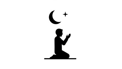 Man praying under crescent moon and star on white background with prayer and silhouette and kneeling and religion and faith and islam and muslim