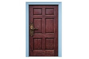 Wooden door with ornate brass handle in a light blue frame providing entrance and exit with transparent background