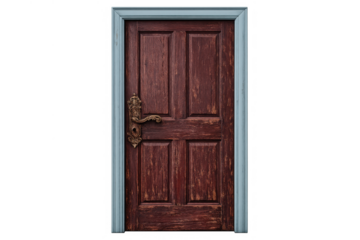 Vintage wooden door with ornate bronze handle and molding, representing entrance, opportunity, and new possibilities on a transparent background