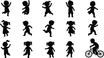 Kids silhouette activity illustration set, children playing running jumping cycling poses, black vector collection isolated