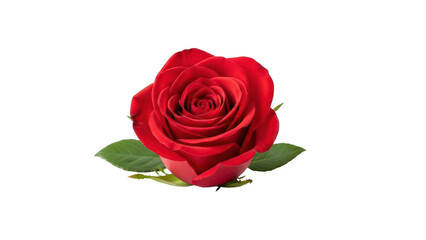Naklejka premium Vibrant red rose flower head with green leaves, blooming scarlet rose blossom isolated on white, romantic floral element for wedding and greeting card design