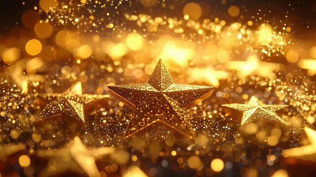 Golden stars glitter against a dark background, creating a magical and festive atmosphere.