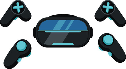Virtual reality gaming headset illustration, cyan VR controllers set, immersive technology device, modern gaming vector design isolated © VectoBloom