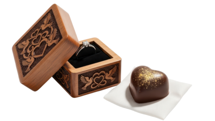 Open Carved Wooden Ring Box with Diamond Engagement Ring and Heart-Shaped Chocolate Bonbon isolated PNG with Transparent Background