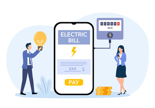 Pay for electricity using mobile application on phone. People holding light bulb and smartphone for electrical energy consumption payment, electricity bill on screen vector illustration