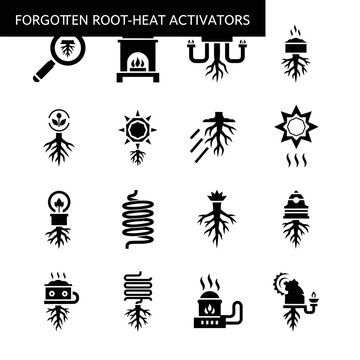 Intriguing icons representing forgotten root-heat activators in an artistic design, perfect for conceptual projects, botanical themes and creative presentations