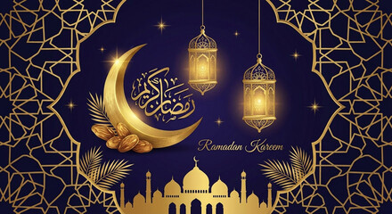 Elegant Islamic Holy Month Greeting Card with Golden Crescent Moon, Dates, and Lanterns on a Rich Blue Background for Ramadan Kareem Celebration