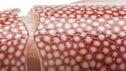 Highly Detailed Macro Photo of Raw Squid Skin Texture Showing Red Chromatophore Pattern isolated PNG with Transparent Background