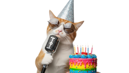 Funny Ginger and White Cat Singing into Vintage Microphone for Birthday Party isolated PNG with Transparent Background