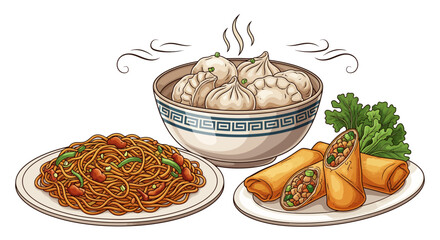 Vibrant Collection of Authentic Asian Cuisine Featuring Steaming Dumplings, Flavorful Noodles, and Crispy Spring Rolls, Perfect for a Culinary Feast