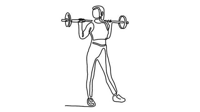continuous line animation of weightlifter woman preparing for barbell workout