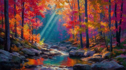 Autumnal stream sunbeams pierce through vibrant trees, reflecting colors on water