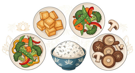 A vibrant and healthy vegetarian meal featuring fresh vegetables, tofu, mushrooms, and a bowl of steamed rice, artfully arranged