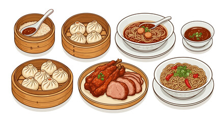 A delightful selection of traditional Chinese dishes, including steamed dumplings, roasted duck, noodle soup, and rice, perfect for restaurant menus or culinary designs
